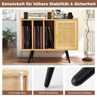 Ratanový stojan na gramofón s nabíjacou stanicou Stolík na vinylové platne pre 220 platní Príroda