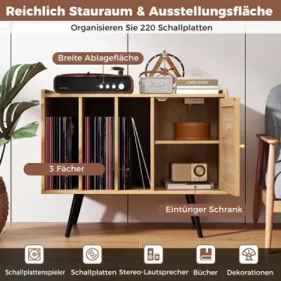 Ratanový stojan na gramofón s nabíjacou stanicou Stolík na vinylové platne pre 220 platní Príroda