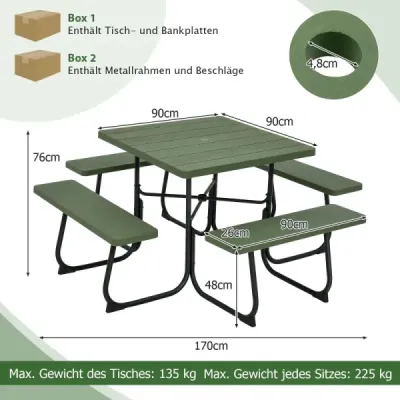 Okrúhly piknikový stôl so 4 lavicami a otvorom na slnečník pre 8 osôb Nosnosť 900 kg Kempingový stôl zelený