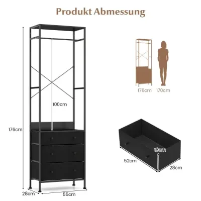 Vešiak na oblečenie so zásuvkami a 3-polohovou závesnou tyčou a úložnými priehradkami Organizér do šatníka Čierna