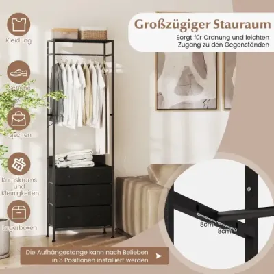 Vešiak na oblečenie so zásuvkami a 3-polohovou závesnou tyčou a úložnými priehradkami Organizér do šatníka Čierna