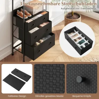 Vešiak na oblečenie so zásuvkami a 3-polohovou závesnou tyčou a úložnými priehradkami Organizér do šatníka Čierna