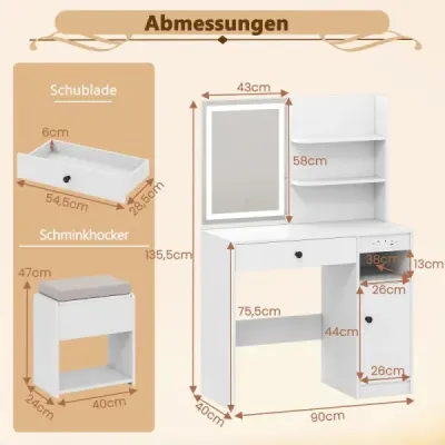 Toaletný stolík so zrkadlom a osvetlením a stoličkou Kozmetický stolík biely Toaletný stolík so zrkadlom a osvetlením a stoličkou Kozmetický stolík biely