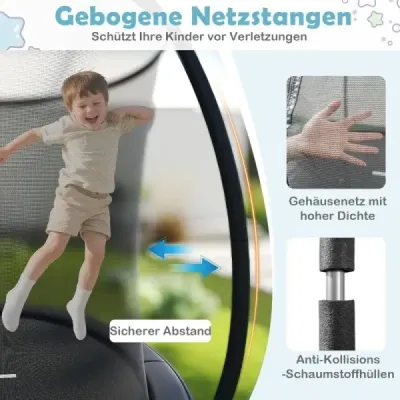Vonkajšia trampolína s rebríkom, okrúhla záhradná trampolína s ochrannou sieťou, krytom okrajov a kovovým rámom Ø366 cm, čierna