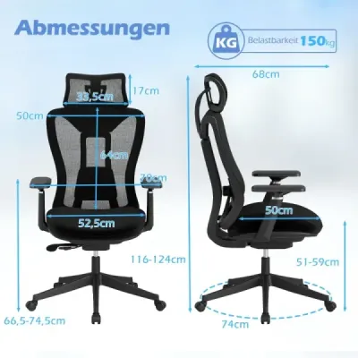 Ergonomická kancelárska stolička s nastaviteľnou bedrovou opierkou a opierkou hlavy a 3D podrúčkami, čierna