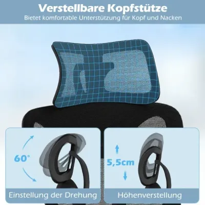 Ergonomická kancelárska stolička s nastaviteľnou bedrovou opierkou a opierkou hlavy a 3D podrúčkami, čierna