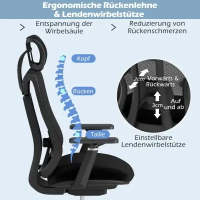 Ergonomická kancelárska stolička s nastaviteľnou bedrovou opierkou a opierkou hlavy a 3D podrúčkami, čierna