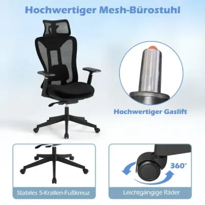 Ergonomická kancelárska stolička s nastaviteľnou bedrovou opierkou a opierkou hlavy a 3D podrúčkami, čierna