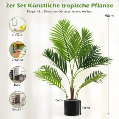 Sada 2 umelých arekových paliem, 90 cm, umelá rastlina v kvetináči, umelá palma so zelenými listami Sada 2 umelých arekových paliem, 90 cm, umelá rastlina v kvetináči, umelá palma so zelenými listami