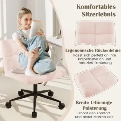 Stolička s prekríženými nohami a kolieskami, otočná stolička bez podrúčok, kancelárska stolička so širokým sedadlom, ružová