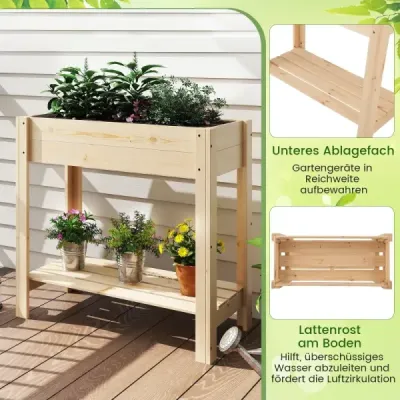 Vyvýšený záhon s policou Vyvýšený drevený záhradný záhon Box na sadenice s drenážou 81 x 37 x 77 cm Prírodný