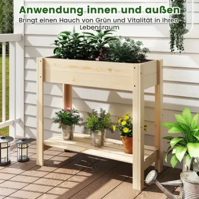Vyvýšený záhon s policou Vyvýšený drevený záhradný záhon Box na sadenice s drenážou 81 x 37 x 77 cm Prírodný