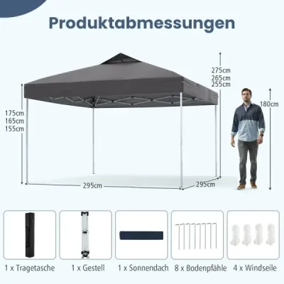 Pavilón 3x3m skladací pavilón vodotesný stabilný UV ochrana 50+ párty stan skladací stan sivý
