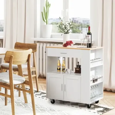 Kuchynský vozík na kolieskach Servírovací vozík s pracovnou doskou a zásuvkou a držiakom na uteráky a 3 stojanmi na korenie Biely