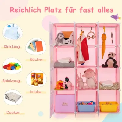 Detská skriňa s 2 závesnými časťami a 12 kockami Roztomilá komoda s kreslenými zásuvníkmi ružová