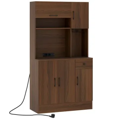 Kuchynská skrinka drevená bufetová skrinka so zásuvkami a portami USB a vysokou jednotkou typu C hnedá 90 x 39 x 167 cm Kuchynská skrinka drevená bufetová skrinka so zásuvkami a portami USB a vysokou jednotkou typu C hnedá 90 x 39 x 167 cm