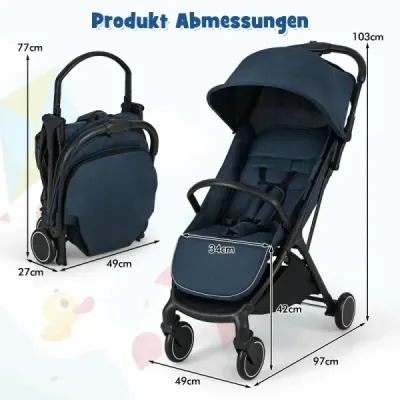Skladací kočík, cestovný kočík s funkciou polohovania, prenosný kočík s nastaviteľnou opierkou chrbta, nosnosť do 15 kg, modrý