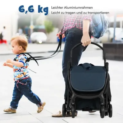 Skladací kočík, cestovný kočík s funkciou polohovania, prenosný kočík s nastaviteľnou opierkou chrbta, nosnosť do 15 kg, modrý