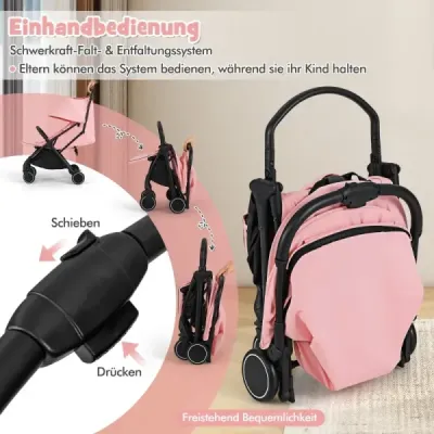 Skladací kočík, cestovný kočík s funkciou polohovania, prenosný kočík s nastaviteľnou opierkou chrbta, nosnosť do 15 kg, ružový