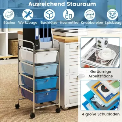 4-Schubladen Rollwagen Mobiler Aufbewahrungswagen auf Rädern mit 4 abnehmbaren Kunststoffschubladen und stabilem Metallgestell Blau