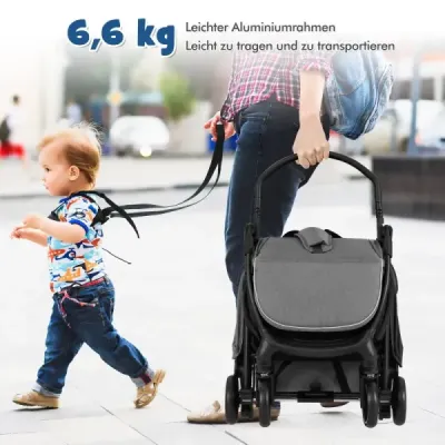 Skladací kočík, cestovný kočík s funkciou polohovania, prenosný kočík s nastaviteľnou opierkou chrbta, nosnosť do 15 kg, sivý