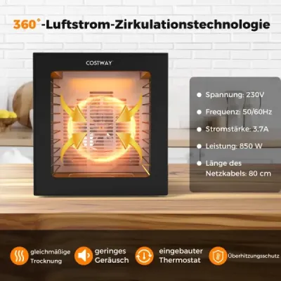 Sušička potravín s výkonom 850 W vrátane 10 nerezových tácok s 10 prednastavenými programami, 48-hodinovým časovačom a teplotou 30 – 75 ℃