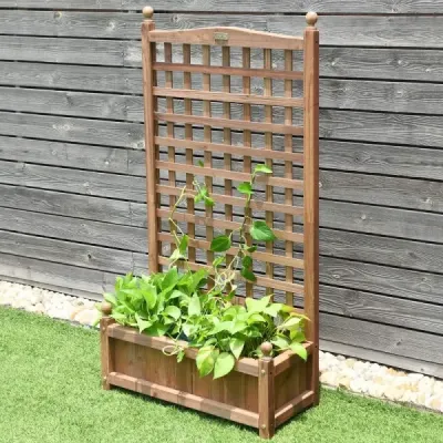Kvetinový box s mriežkou Drevený kvetináč na popínavé rastliny Zvýšený záhon s mriežkou 64,5 x 28 x 120 cm Hnedý