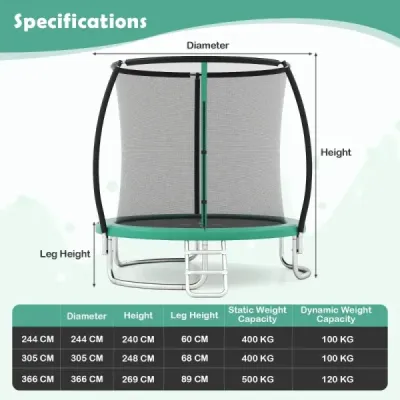 Trampolína Ø244 cm s rebríkom a bezpečnostnou sieťou okrúhla záhradná trampolína detská trampolína zelená