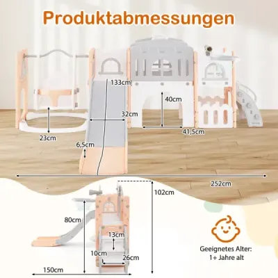 Detská šmykľavka s preliezačkou a hojdačkou Šmykľavka s hojdačkou Kôš na basketbal Teleskopický volant Sivá + ružová