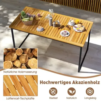 Jedálenský stôl z akáciového dreva pre 6 osôb, obdĺžnikový terasový stôl s lamelovým rámom, kovovým rámom a otvorom na slnečník, 140 x 70 x 70 cm