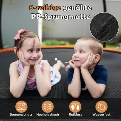 Vonkajšia trampolína s rebríkom, okrúhla záhradná trampolína s ochrannou sieťou, krytom okraja a kovovým rámom Ø305 cm, oranžová