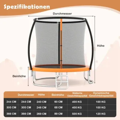 Vonkajšia trampolína s rebríkom, okrúhla záhradná trampolína s ochrannou sieťou, krytom okraja a kovovým rámom Ø305 cm, oranžová