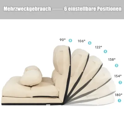 Rozkladacia pohovka s 2 vankúšmi, rozkladacia pohovka so 6-úrovňovým nastaviteľným operadlom, 180 x 113 x 10 cm, béžová