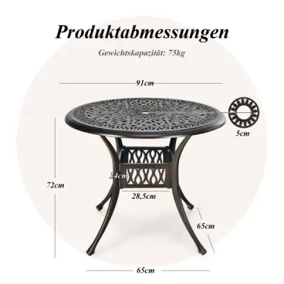 Záhradný stôl s otvorom pre slnečník Ø 90 cm, okrúhly balkónový stôl z liateho hliníka, odolný voči poveternostným vplyvom, záhradný terasový stôl 90 x 90 x 72 cm