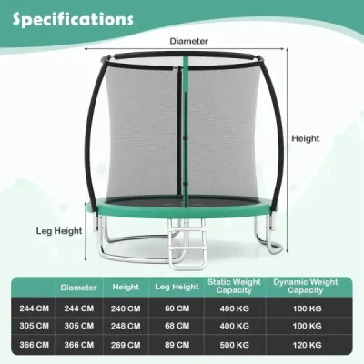Vonkajšia trampolína s rebríkom, okrúhla záhradná trampolína s ochrannou sieťou, krytom okrajov a kovovým rámom Ø305 cm, zelená