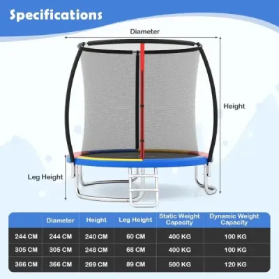 Vonkajšia trampolína s rebríkom, okrúhla záhradná trampolína s bezpečnostnou sieťou, krytom okraja a kovovým rámom Ø305 cm, farebná