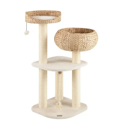 104 cm drevený škrabadlo pre mačky s bidielkom, košíkom a sisalovými stĺpikmi, lezecký strom béžovej farby