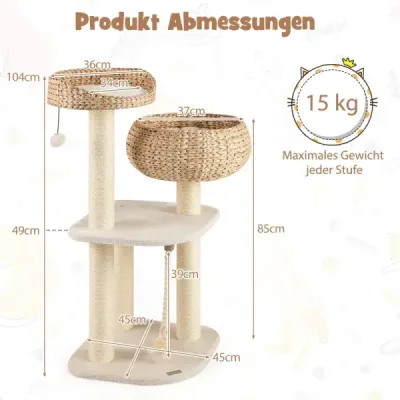 104 cm drevený škrabadlo pre mačky s bidielkom, košíkom a sisalovými stĺpikmi, lezecký strom béžovej farby