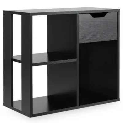 Drevená knižnica so zásuvkou a 3 priehradkami, kocková polica, kancelárska polica, deliaca stena, stojaca polica, čierna