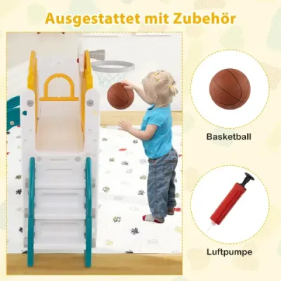 Detská šmykľavka 9 v 1 detská šmykľavka s basketbalovým košom, preliezačkou, tunelom, teleskopom a úložným priestorom, žltá+zelená