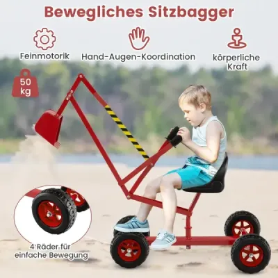 Sediaci bager, otočný o 360°, na kovovú konštrukciu s lopatou a kolesami, pieskovisko, červená
