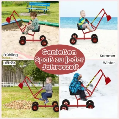 Sediaci bager, otočný o 360°, na kovovú konštrukciu s lopatou a kolesami, pieskovisko, červená