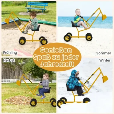 Sediaci bager, otočný alebo 360°, na sedenie na kovovej plošine s lopatou a kolesami, pieskovisko pre bager, žltý
