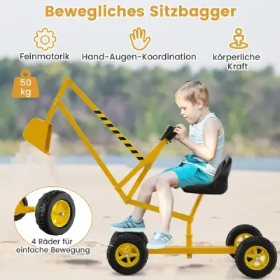 Sediaci bager, otočný alebo 360°, na sedenie na kovovej plošine s lopatou a kolesami, pieskovisko pre bager, žltý