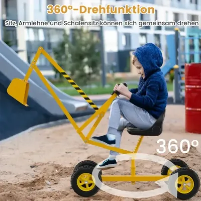 Sediaci bager, otočný alebo 360°, na sedenie na kovovej plošine s lopatou a kolesami, pieskovisko pre bager, žltý