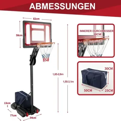 Výškovo nastaviteľný basketbalový stojan Basketbalový kôš so stojanom a 2 kolieskami 105-260 cm čierny