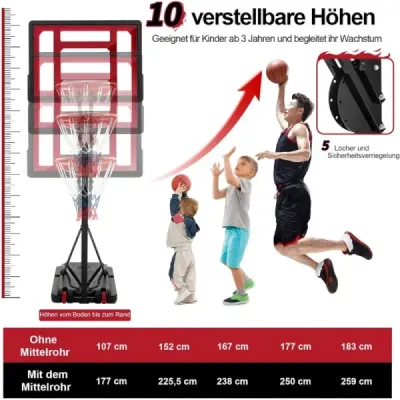 Výškovo nastaviteľný basketbalový stojan Basketbalový kôš so stojanom a 2 kolieskami 105-260 cm čierny