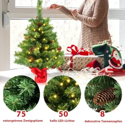 64 cm veľký osvetlený mini vianočný stromček na stôl s 50 LED svetlami, zelený