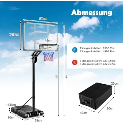 Outdoor Basketball Hoop 135/143-305 cm Výškovo nastaviteľný basketbalový stojan s 2 kolieskami