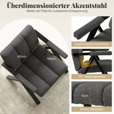 Čalúnené kreslo s podrúčkami a kovovým rámom Moderné rozkladacie kreslo Relax kreslo Grey